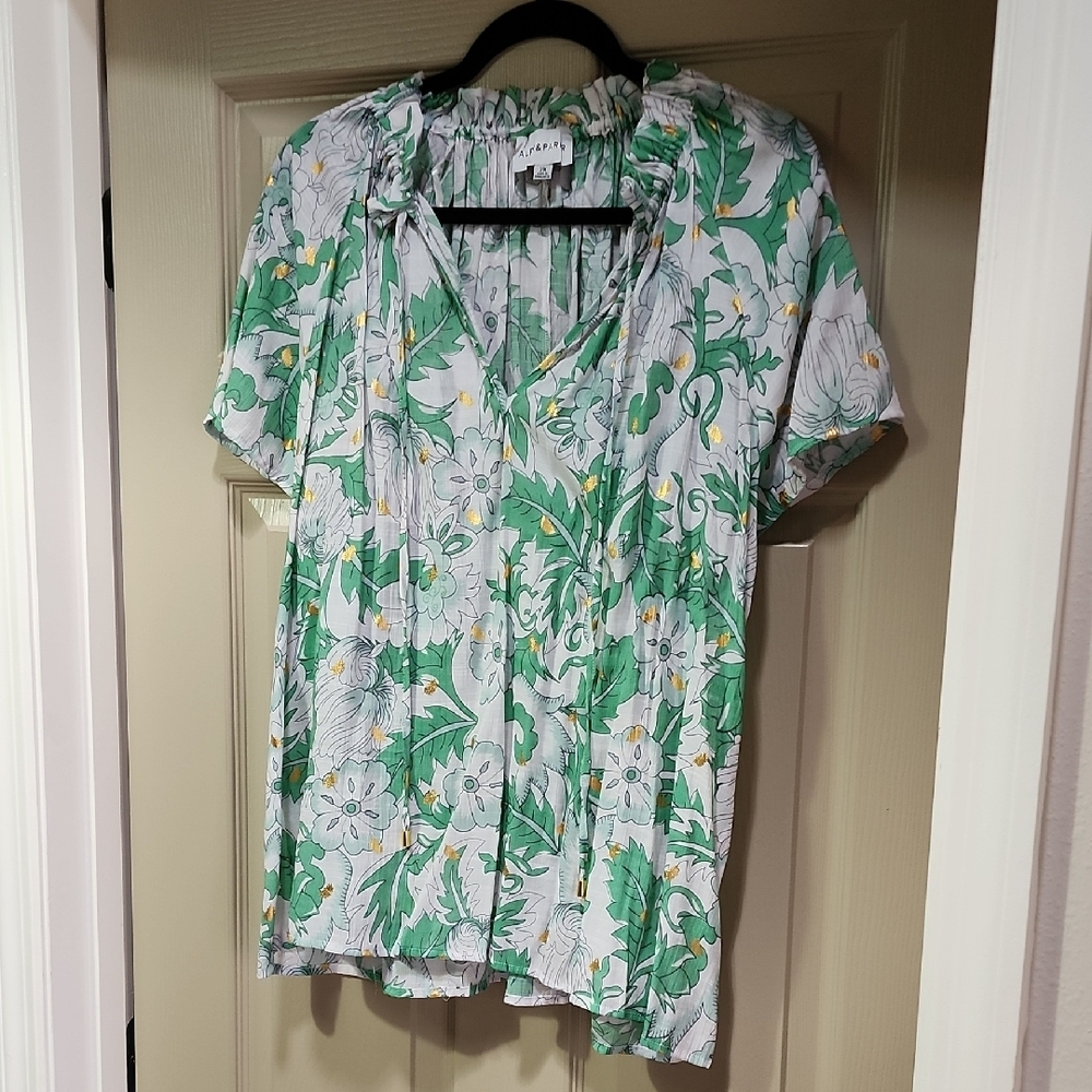 Plus Floral Green and White Women's Top Work a Touch Of Metallic Gold